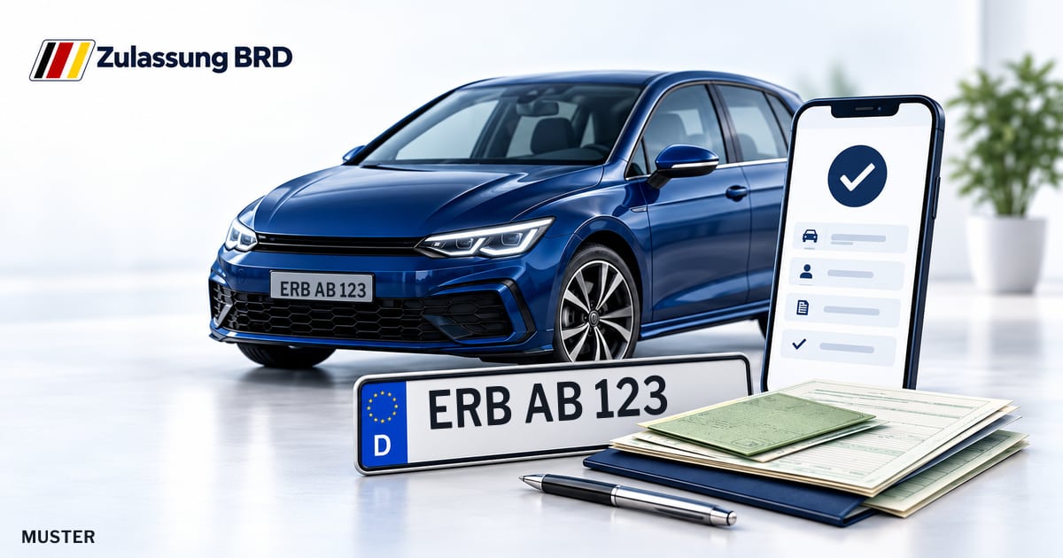 Online Fahrzeugzulassung in Lützelbach: Musterkennzeichen ERB AB 123, Auto und Fahrzeugpapiere und Smartphone. Illustration mit Logo von Zulassung BRD.